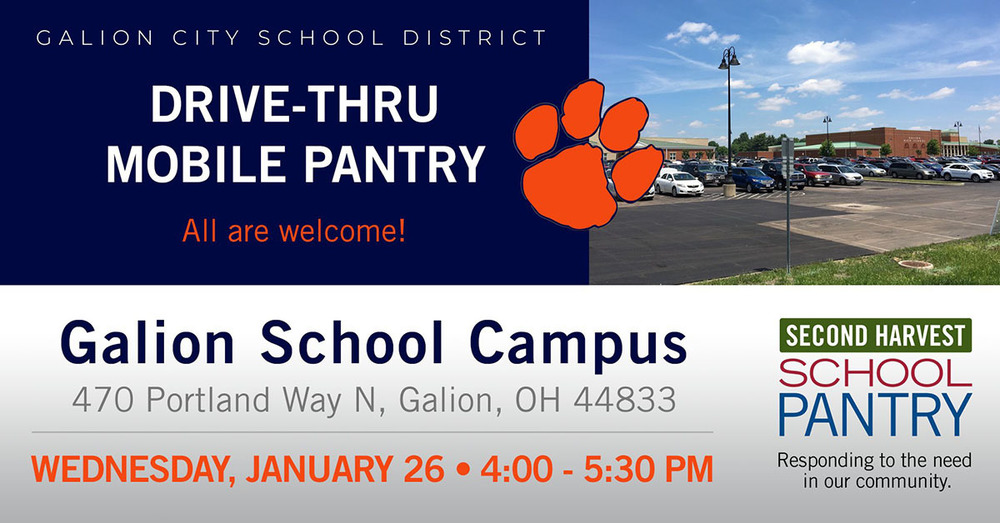 Drive through mobile pantry galion school campus wednesday january 26 4 o'clock pm to 5 thirty pm.