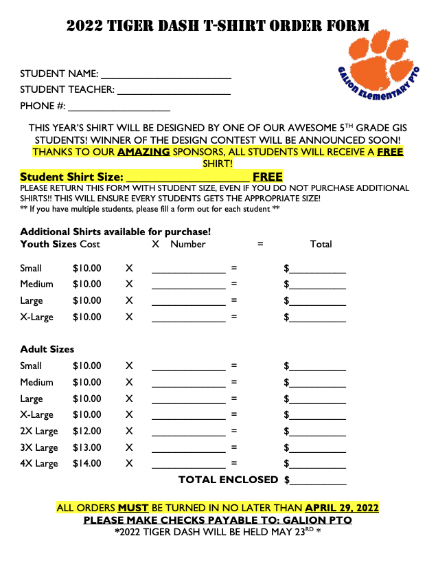 Tiger Dash Order Form