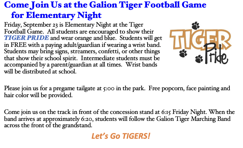 Flyer for Elementary Night at HS Football game 9/23/22