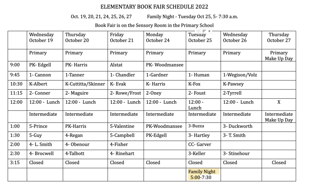 Book Fair Schedule