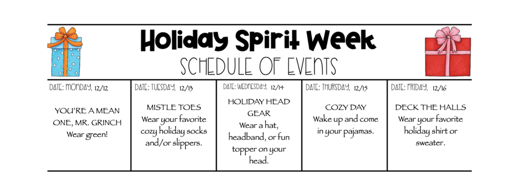 Holiday Spirit Week Schedule